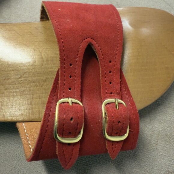 Vtg Dr Scholl Wooden Exercise Sandal Clog Suede Leather Red Women 5 NWOB - Picture 3 of 6